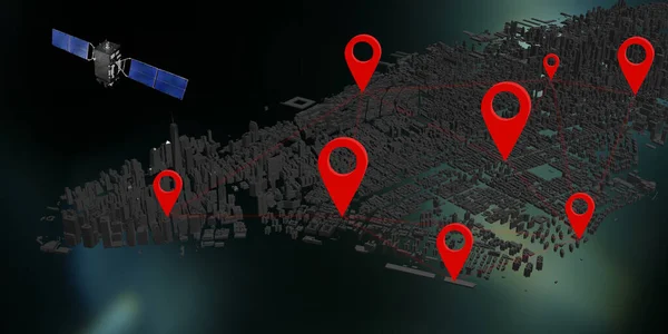 通信衛星インターネットシステムGpsピンニューヨーク市3Dイラスト — ストック写真