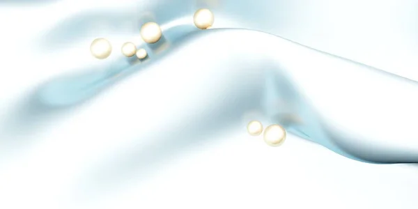 金色の真珠輝く表面3Dイラストと光沢のある青い絹 — ストック写真