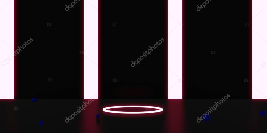 backlit display with curved frame display stand neon light black background 3D rendering
