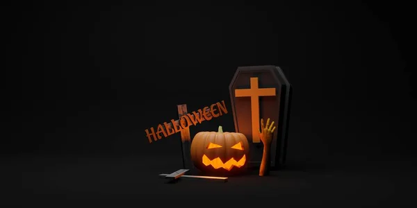 Halloween Fondo Calabaza Cruz Murciélago Ataúd Negro Fondo Ilustración — Foto de Stock