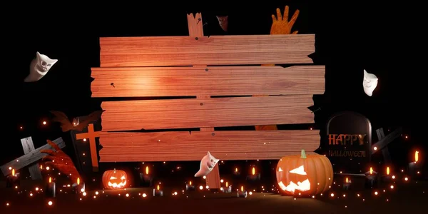 Halloween Madera Signo Fondo Calabazas Demonios Murciélagos Espíritus Ilustración — Foto de Stock