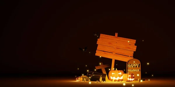 Halloween Achtergrond Met Blanco Houten Teken Illustratie — Stockfoto