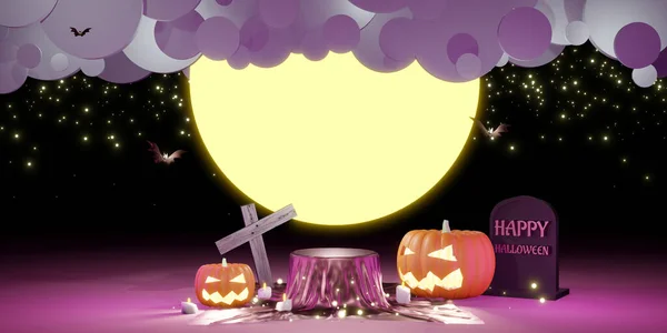 Nuit Halloween Avec Affichage Produits Satinés Brillants Placez Sur Podium — Photo