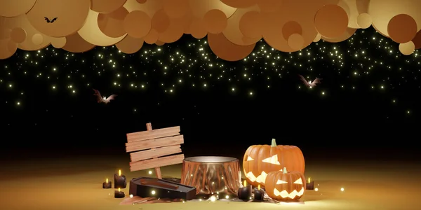 Halloween Nacht Mit Glänzender Satin Produktpräsentation Platz Auf Einem Podium — Stockfoto