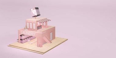 Çamaşır makinesi model çamaşır makinesi. Çamaşır yıkama servisi. Çizgi film 3 boyutlu illüstrasyon.