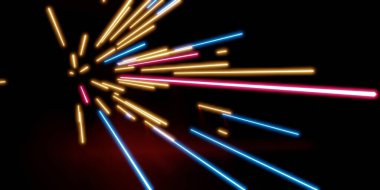 Siyah zemin üzerinde çok renkli lazer ışığı NEON ışığı 3D illüstrasyon