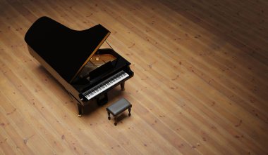 Piano on wooden stage, musical instrument, abstract background, 3D illustration