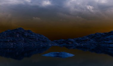 Su yüzeyinde yüzen kayalar, dağ arka planı, gün batımı, üç boyutlu illüstrasyon