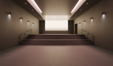 Sahne, merdiven, sergi salonu, koridor, koridor, 3 boyutlu illüstrasyon.