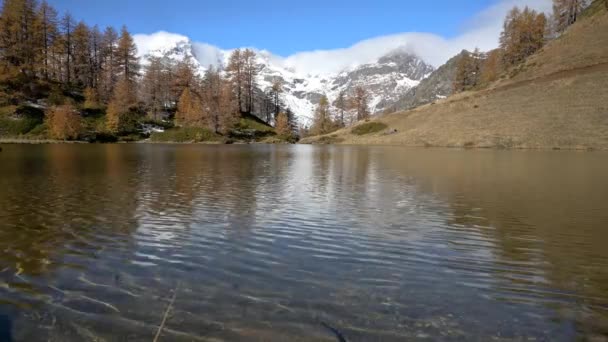 Alpská Itálie. Krajina s horským jezerem, modřínem, horami a mraky — Stock video