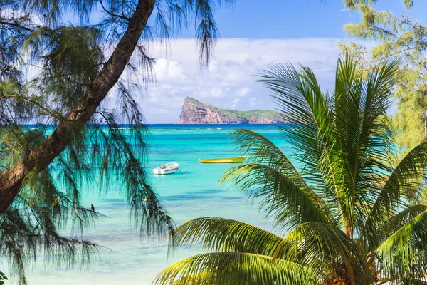 Belle plage tropicale et mer avec cocotier sur ciel bleu dans l'île de Maurtius - Boostez la couleur Traitement — Photo