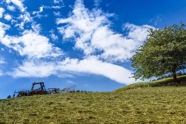 Homem montando um trator de gramado — Fotografia de Stock