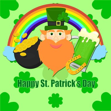 Tebrikler mutlu St. Patrick'ın gün, kırmızı elf, yeşil kupa bira, sikkeler, altın, gökkuşağı, at nalı, yonca