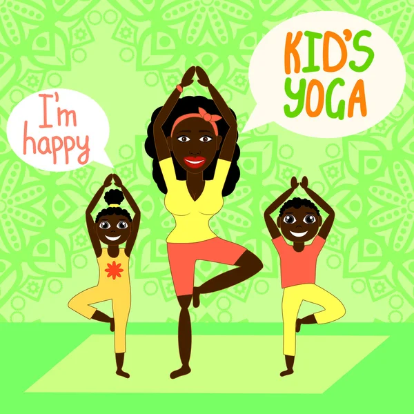 Ilustración de niños aprendiendo yoga a través de la ayuda de un instructor. Yoga para niños con instructor . — Archivo Imágenes Vectoriales