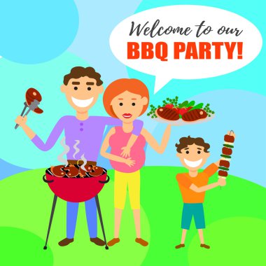 Barbekü partisi ile aile ve kebap, ızgara biftek.