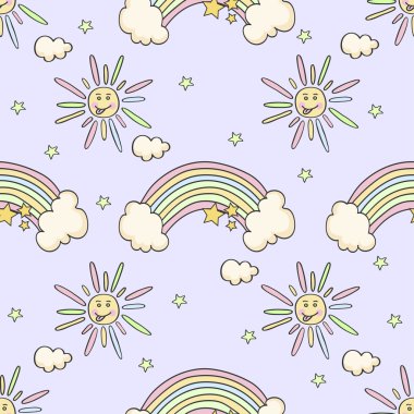 Güneş, gökkuşağı, yıldız ile karikatür komik desen.
