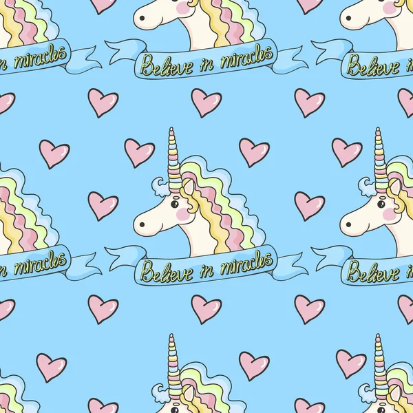 Patrón divertido unicornio con corazón sobre un fondo azul . — Vector de stock