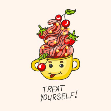 şekerli tatlı çilek, kiraz ve krem bir kupa ile. Karikatür tarzı.