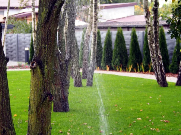Garten automatische Bewässerungsanlage, funktionierende Sprinkleranlage — Stockfoto
