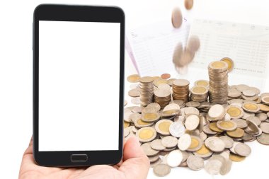 Adam elini boş dokunmatik ekran akıllı telefon ekonomi kavramı üzerinde 