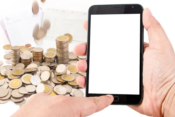 Adam elini boş dokunmatik ekran akıllı telefon ekonomi kavramı üzerinde 