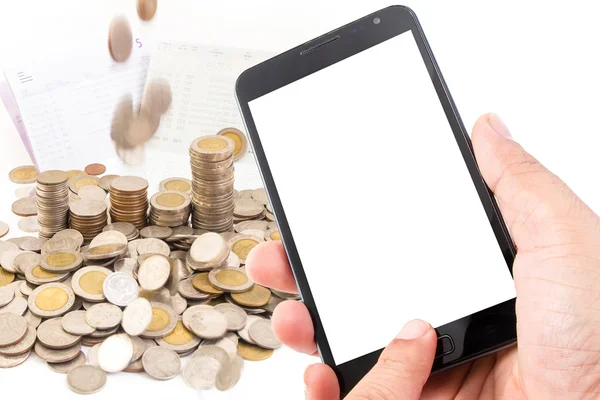 Adam elini boş dokunmatik ekran akıllı telefon ekonomi kavramı üzerinde