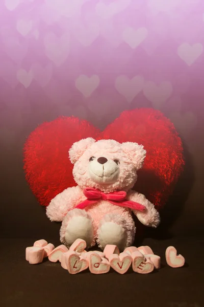 Valentinstag Hintergrund mit Herzen, Teddybär — Stockfoto