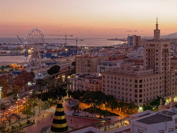 Malaga City View Night Christmas Time — стокове фото