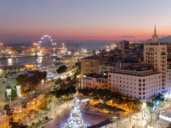 Malaga City View Night Christmas Time — стокове фото