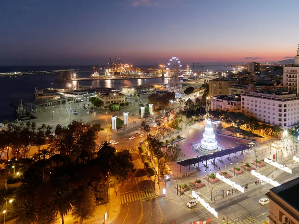 Malaga Uitzicht Stad Nachts Met Kerst — Stockfoto