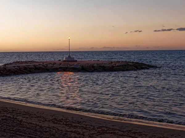 Widok Morze Latarnię Plaży Pedregalejo Zmierzchu — Zdjęcie stockowe