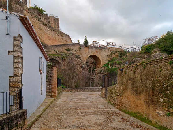 Vista Baixo Ângulo Ponte Velha Ronda Espanha — Fotografia de Stock