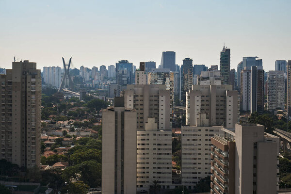 View of the Brooklin neighborhood in Sao Paulo with the cable-stayed bridge in the background
