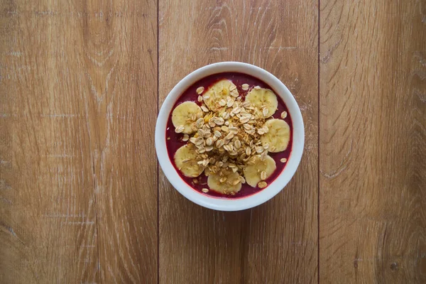 Vista Superior Taça Brasileira Açaí Com Bananas Granola — Fotografia de Stock