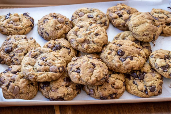 View of a tray of beautiful chocolate chip cookies.