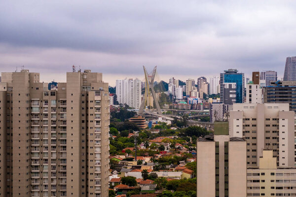 Brooklin neighborhood view with cable-stayed bridge in the background in Sao Paulo.