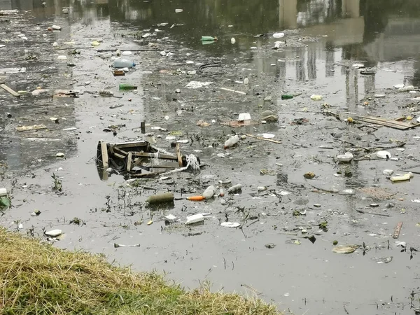 Widok Zanieczyszczonej Rzeki Środku Natury — Zdjęcie stockowe