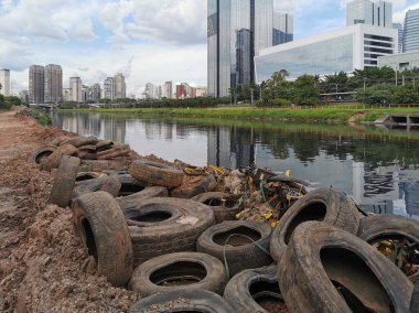 SAO PAULO, BRAZIL - 16 ARALIK 2019: Pinheiros nehrinin kıyısında çöp ve kirlilik ve yıkım.