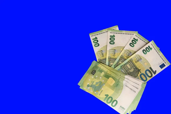 Détails Billets 100 Euros Europe Money Photographie Avec Fond Bleu — Photo