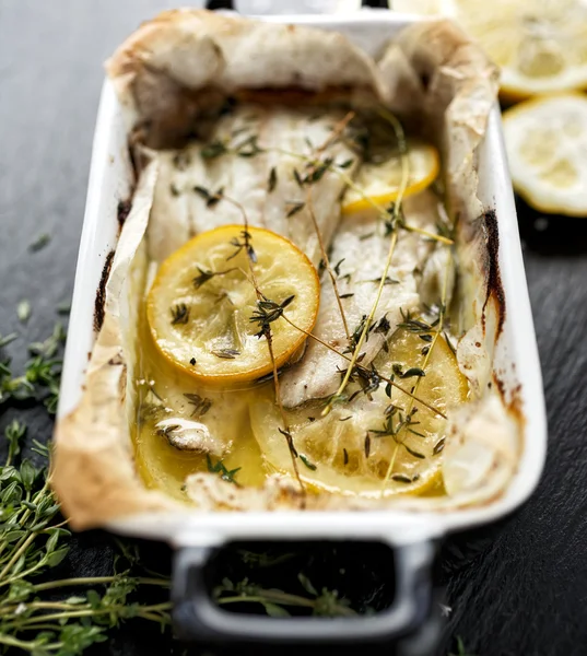 Fillet of cod baked in lemon thyme marinade — Stock Photo, Image