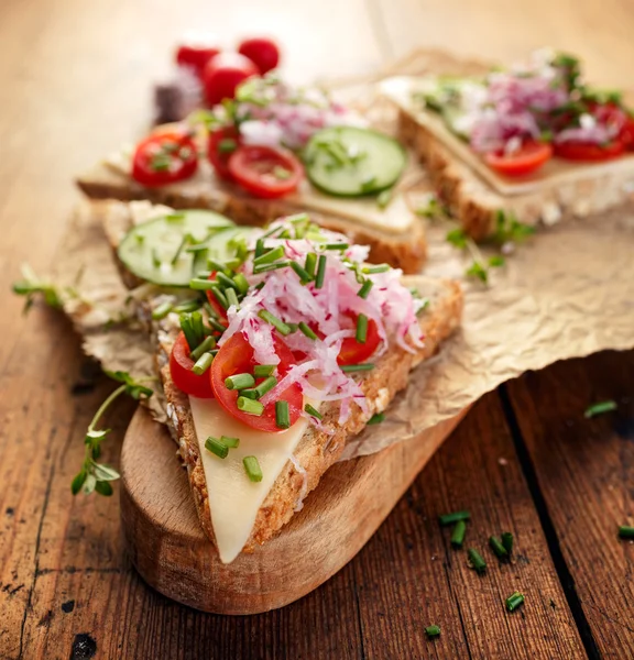 Sandwich with cheese, cherry tomatoes, cucumber, radish and fresh chives — Stock Photo, Image