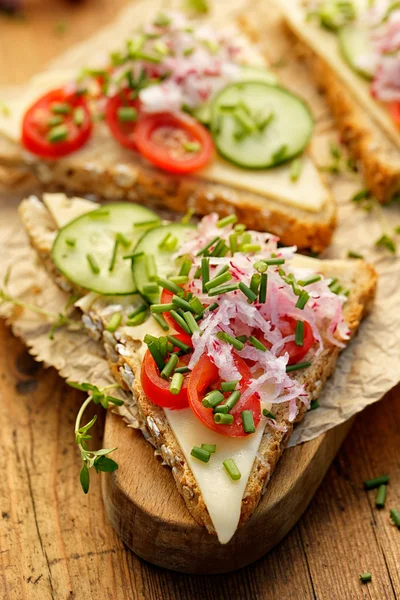 素食三明治配奶酪、 樱桃西红柿、 萝卜、 黄瓜和新鲜的香草 — 图库照片