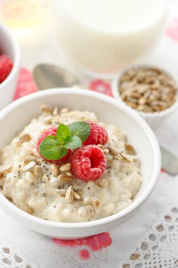 Taze ahududu, kavrulmuş ayçiçeği ve chia tohumu, sağlıklı ve lezzetli kahvaltı ile yulaf lapası