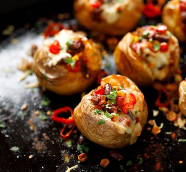 Meksika usulü fırında patates ve Chili con carne dolgu ve peynir yakın görüş