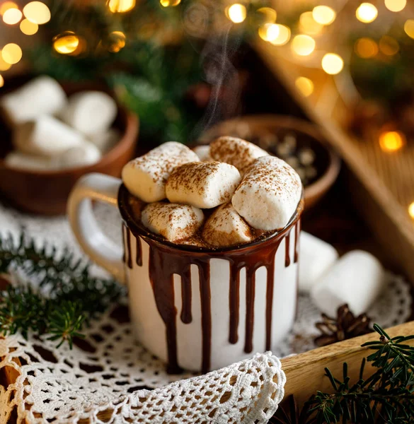 Chocolat Chaud Avec Guimauves Saupoudrées Cannelle Gros Plan — Photo