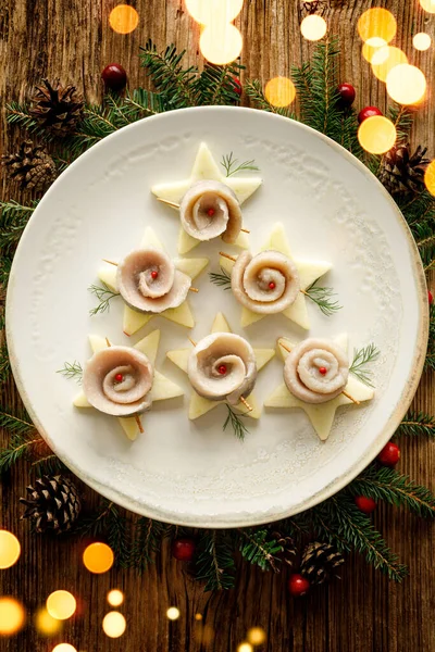 Filetes Arenque Uma Chapa Visão Superior Prato Véspera Natal Tradicional — Fotografia de Stock