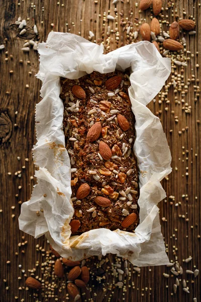 Homemade Buckwheat Bread Addition Nuts Seeds Baking Tin Wooden Background — Stock Photo, Image