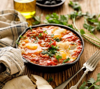 Geleneksel Shakshuka tabağı ahşap masada dökme demir bir tavada servis edilir.