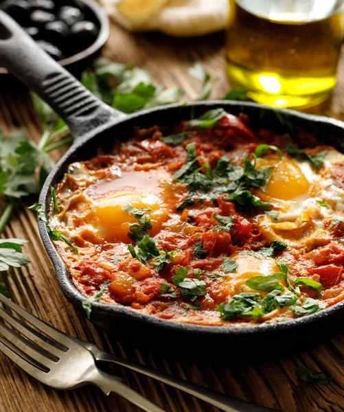 Prato Shakshuka Tradicional Servido Uma Panela Ferro Fundido Mesa Madeira — Fotografia de Stock