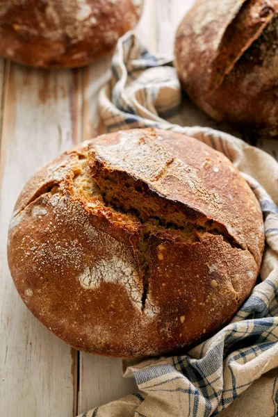 Loaf Sourdough Bread Wooden Table Close View Artisan Bread Made — Stock Photo, Image